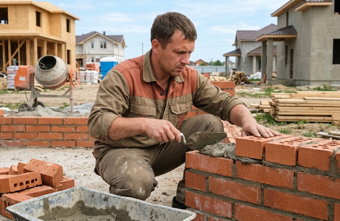 Mason in a work shirt troweling mortar onto a brick course on a residential wall
