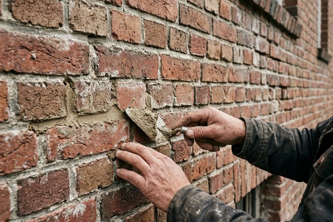 Mason repointing a brick wall with a trowel, matching mortar color