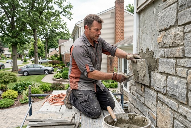 Mason installing stone veneer panels on a residential house facade