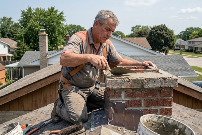 Mason repairing a chimney crown on a residential roof