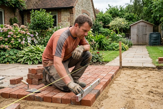 Mason laying a brick walkway with a level and string line