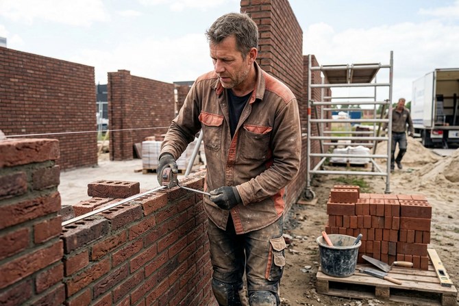 Mason measuring a brick wall with a tape measure beside a stack of bricks