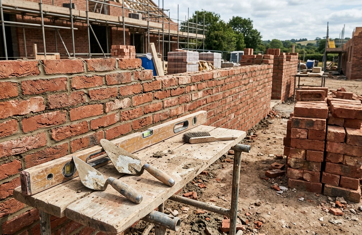 Mason's tools on a job site: trowels, a level, and a mortar board beside a brick wall