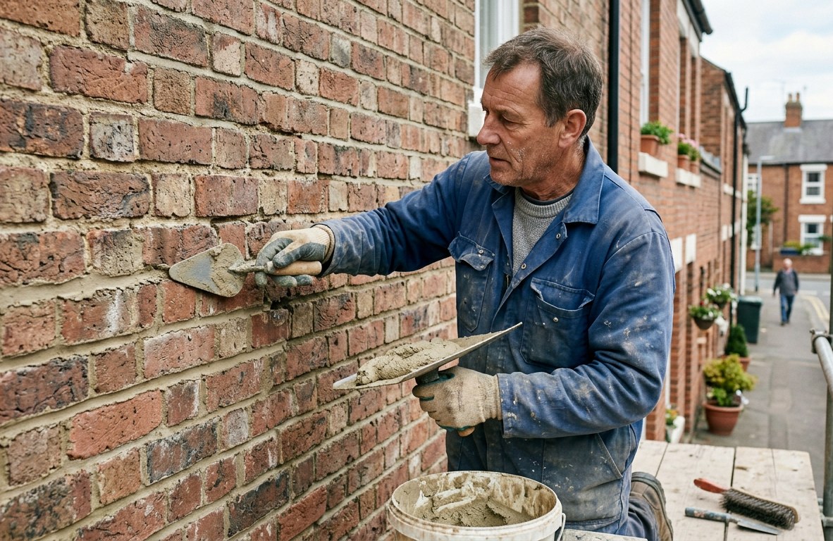 Close-up of a mason repointing a brick wall with matching mortar
