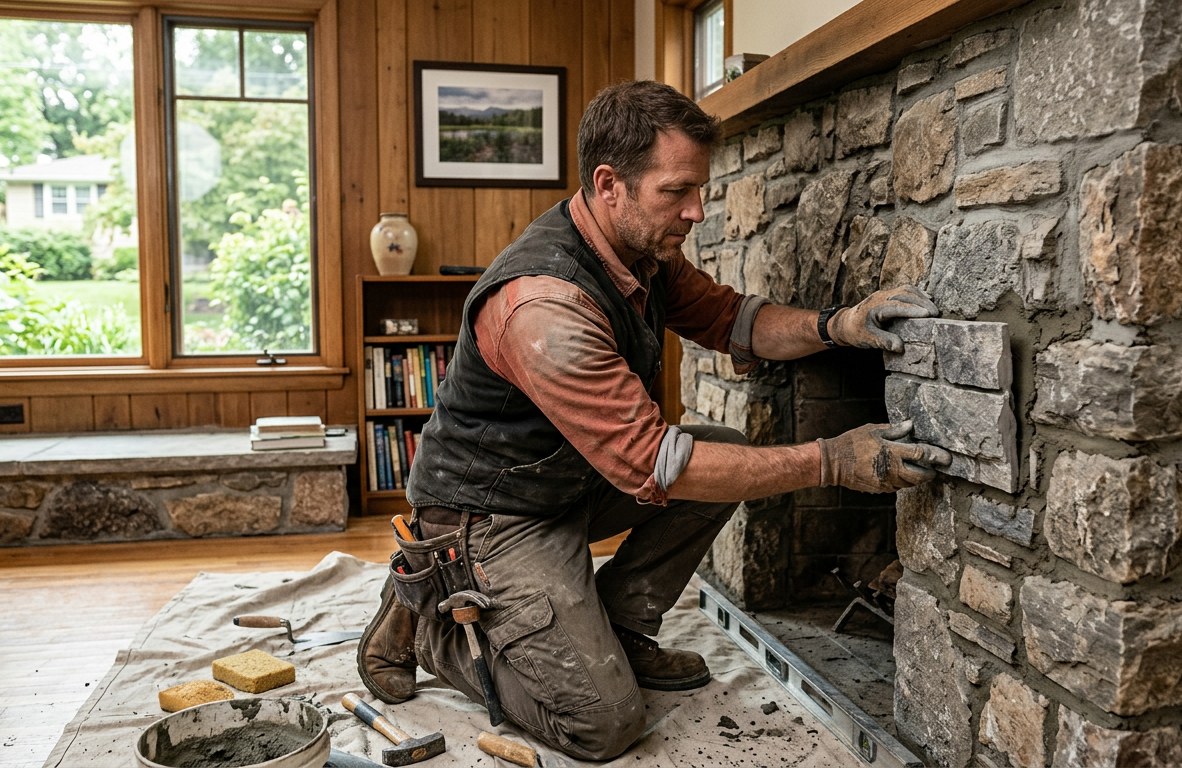 Mason fitting a stone veneer panel onto a residential fireplace surround