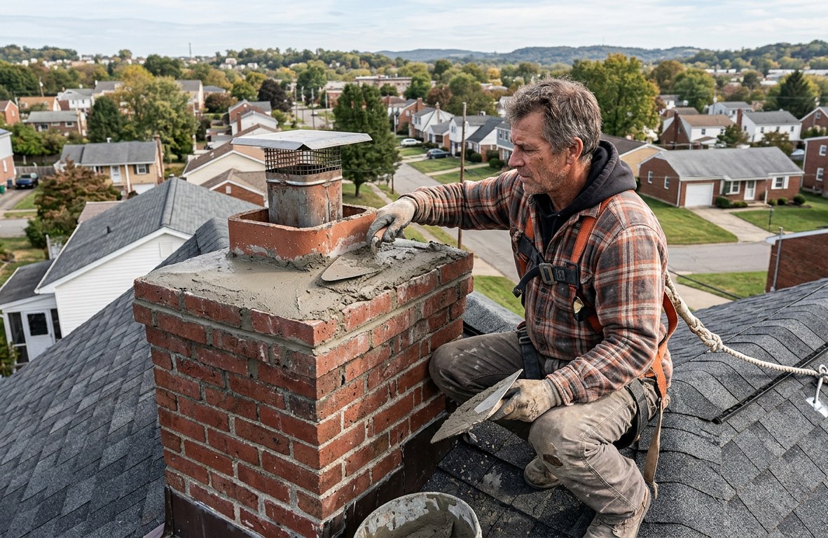 Mason on a residential roof repairing a chimney crown with a trowel