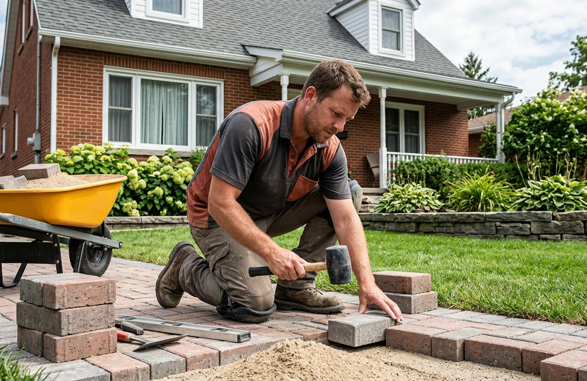 Mason laying pavers for a residential walkway with a rubber mallet