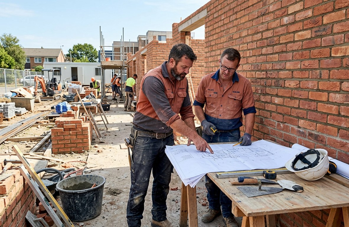 Two masons in work shirts reviewing plans beside a brick wall on a job site