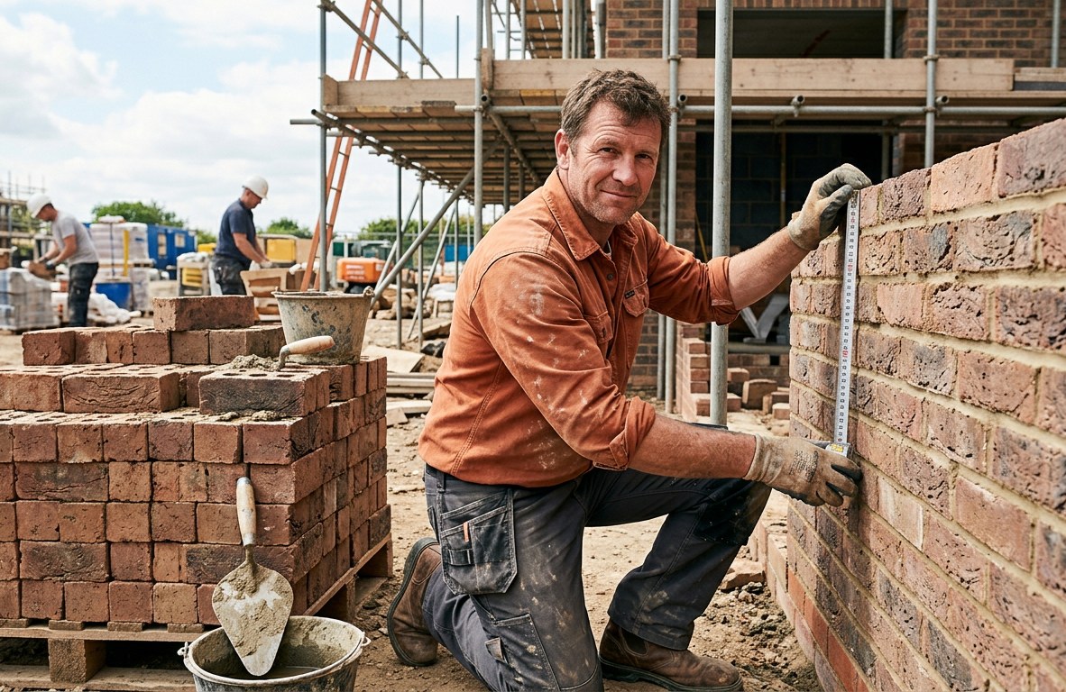 Mason measuring a brick wall with a tape measure beside a stack of bricks